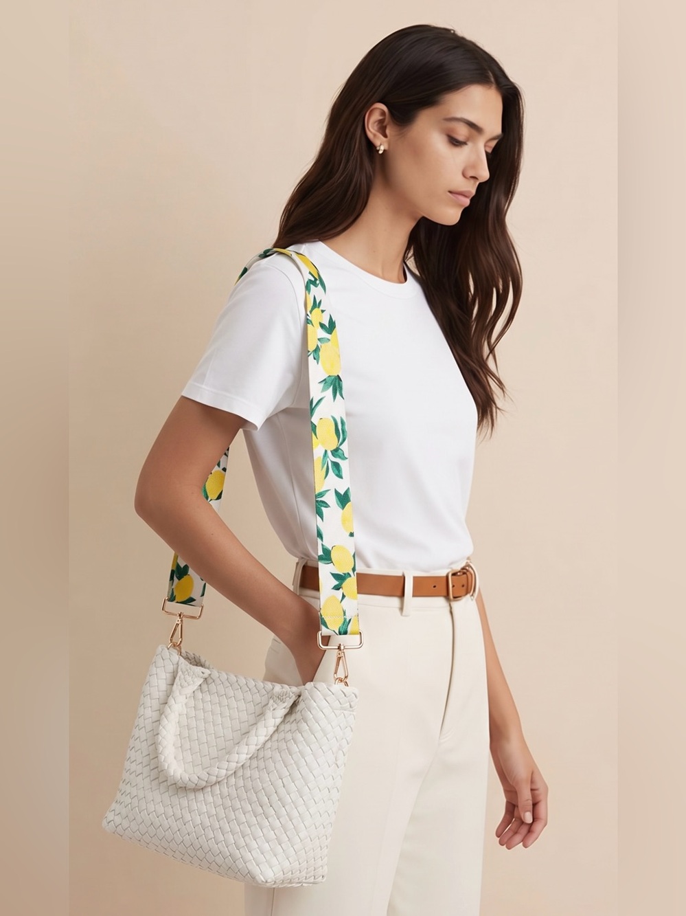 Ahdorned Soft White Woven Faux Leather Satchel Tote Lemon Print Guitar Strap EUC
